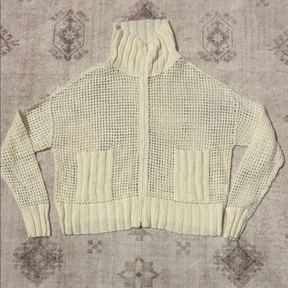 Read_Me Cream Women's Full Zip Turtleneck Mini Cowl Sweater Net‎ Knitted Size M